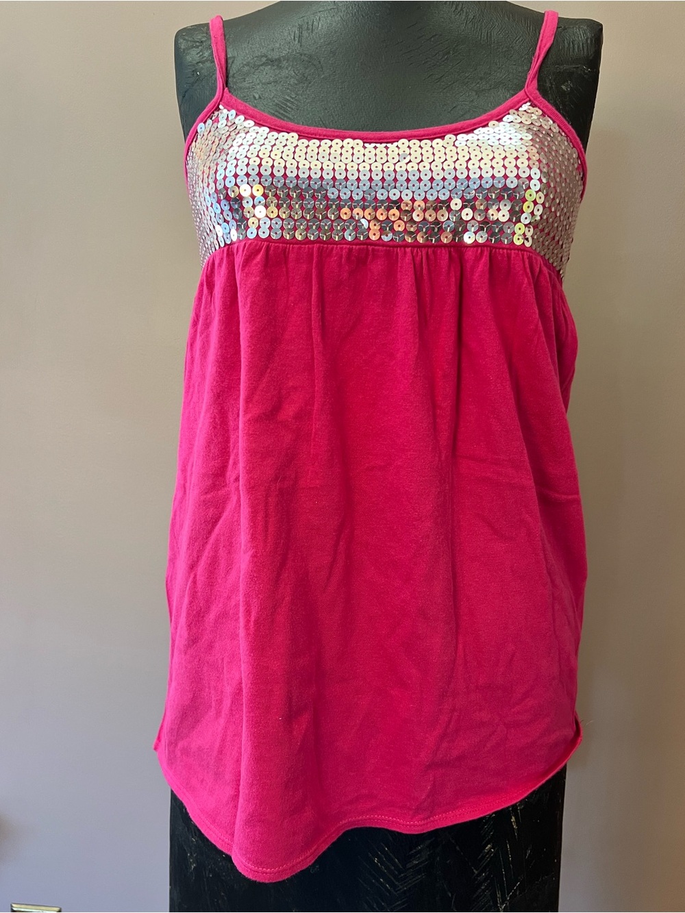 Y2K Sequin Bust Hot Pink Babydoll Tank Top Size XS/S Party Going Out